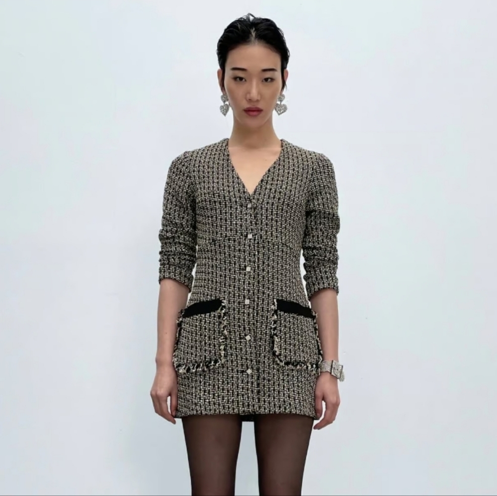Zara black tweed dress button down jacket blazer rhinestone buttons dress Medium